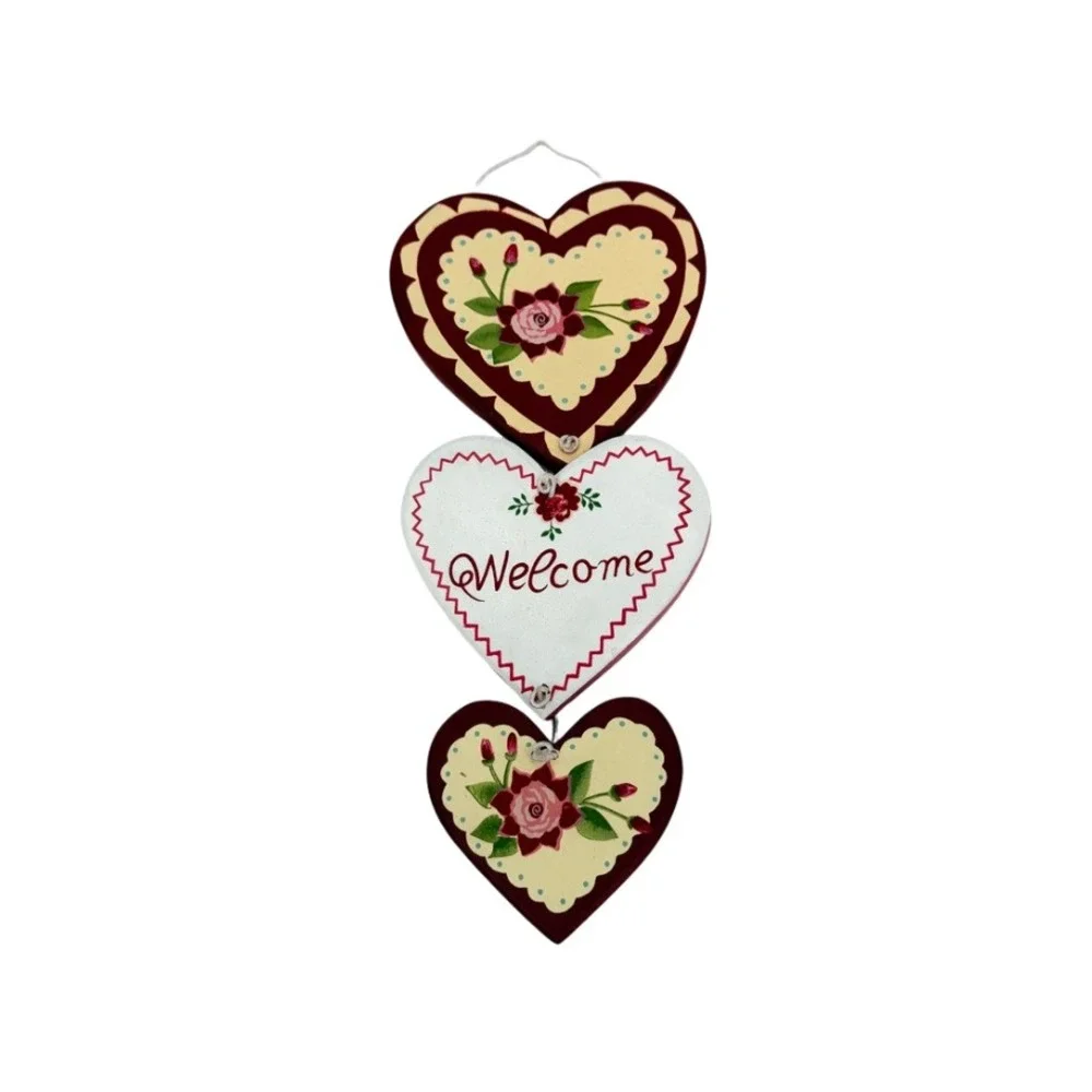 Welcome Heart Shaped Trio Wall Hanging Floral Wood Country Decor Romantic